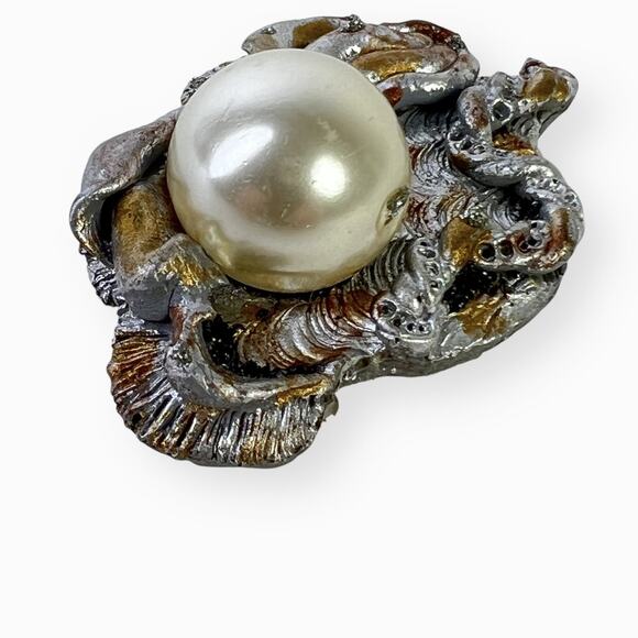 Artisan Brooch Abstract Polymer Clay Faux Pearl Silver And Gold Tone Vtg Signed - Picture 4 of 9
